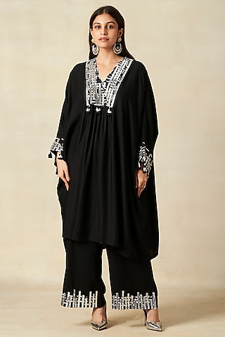 Black Rayon Pleated Kaftan by Gulabo By Abu Sandeep