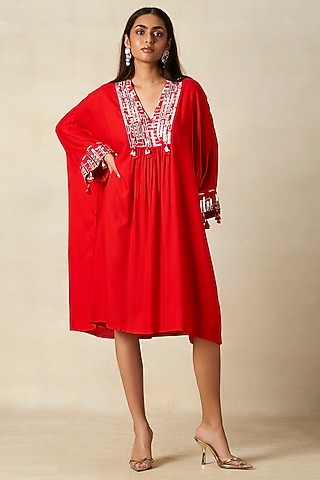 Red Rayon Pleated Kaftan by Gulabo By Abu Sandeep