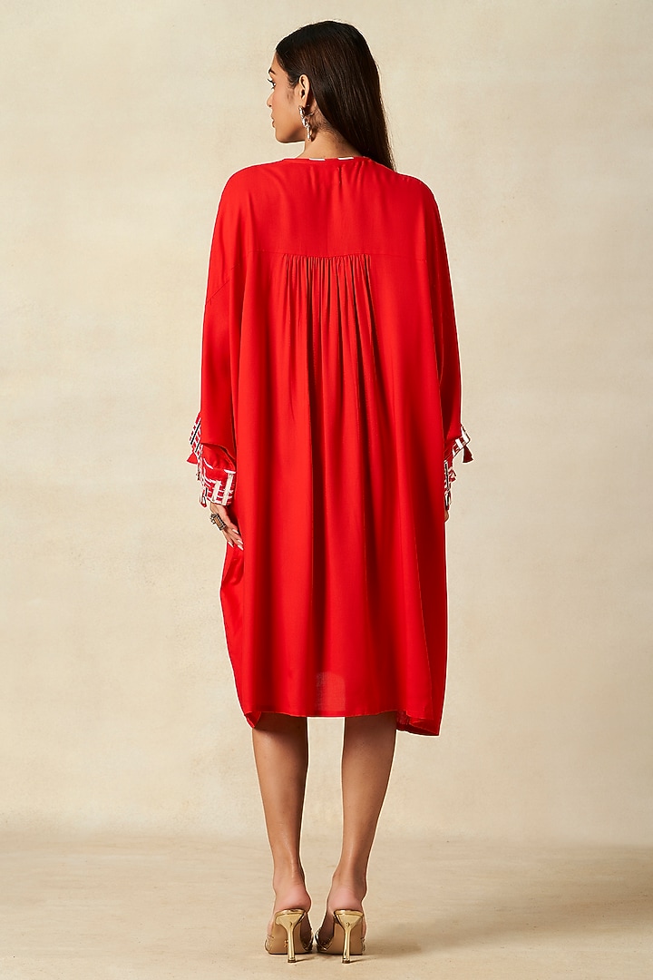 Red Rayon Pleated Kaftan by Gulabo By Abu Sandeep at Pernia's Pop Up Shop