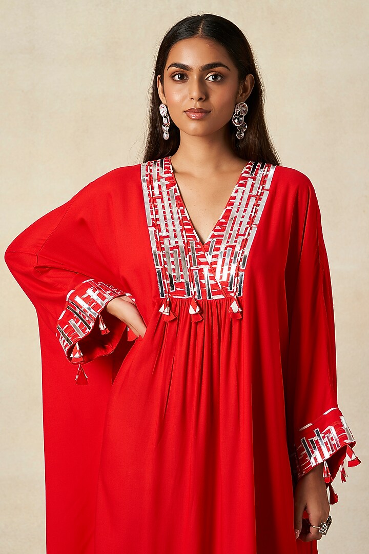 Red Rayon Pleated Kaftan by Gulabo By Abu Sandeep at Pernia's Pop Up Shop