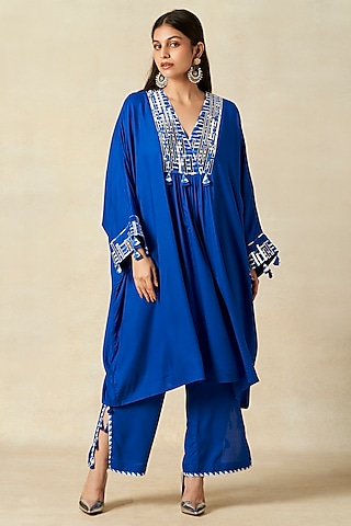 Royal Blue Rayon Pleated Kaftan by Gulabo By Abu Sandeep