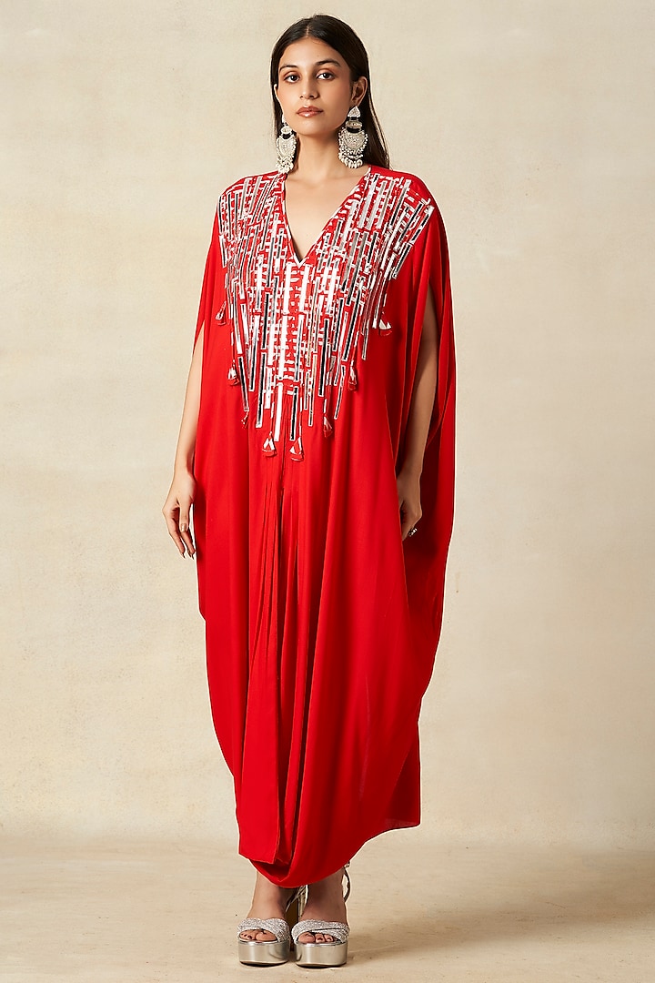 Red Rayon Cowl Kaftan by Gulabo By Abu Sandeep at Pernia's Pop Up Shop