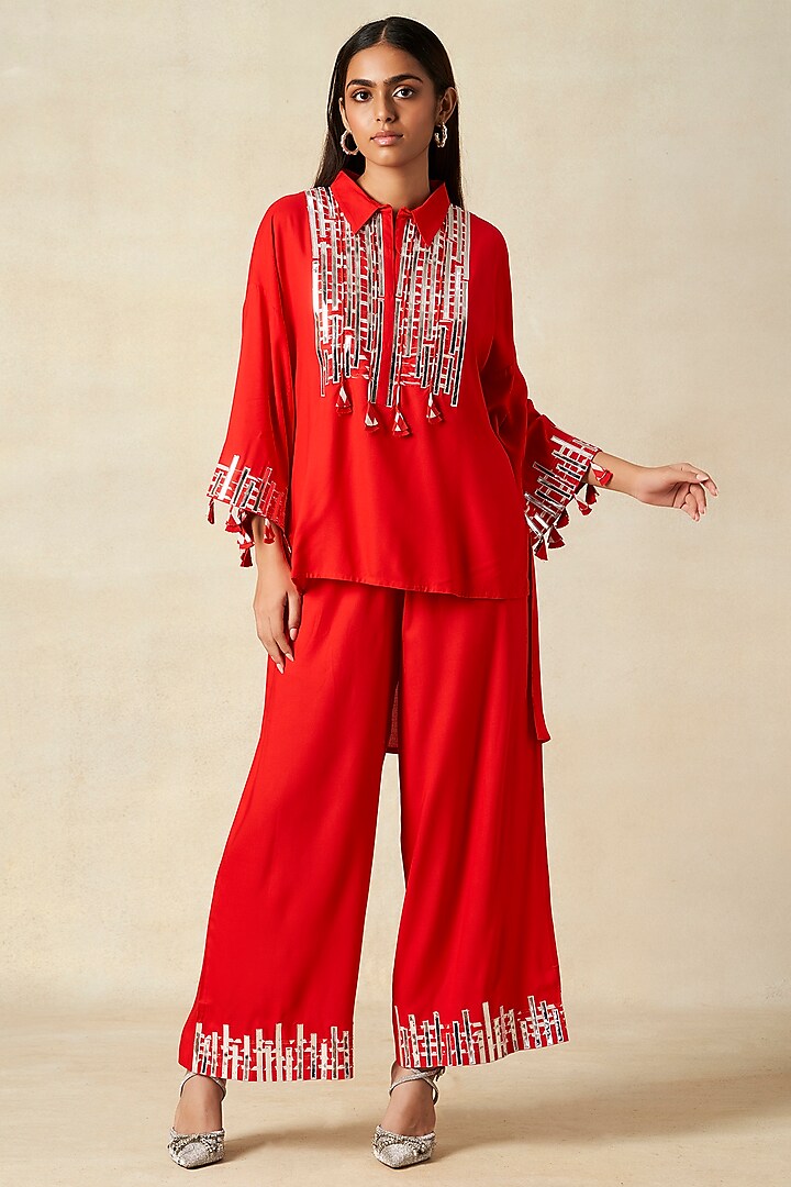 Red Rayon Co-Ord Set by Gulabo By Abu Sandeep at Pernia's Pop Up Shop