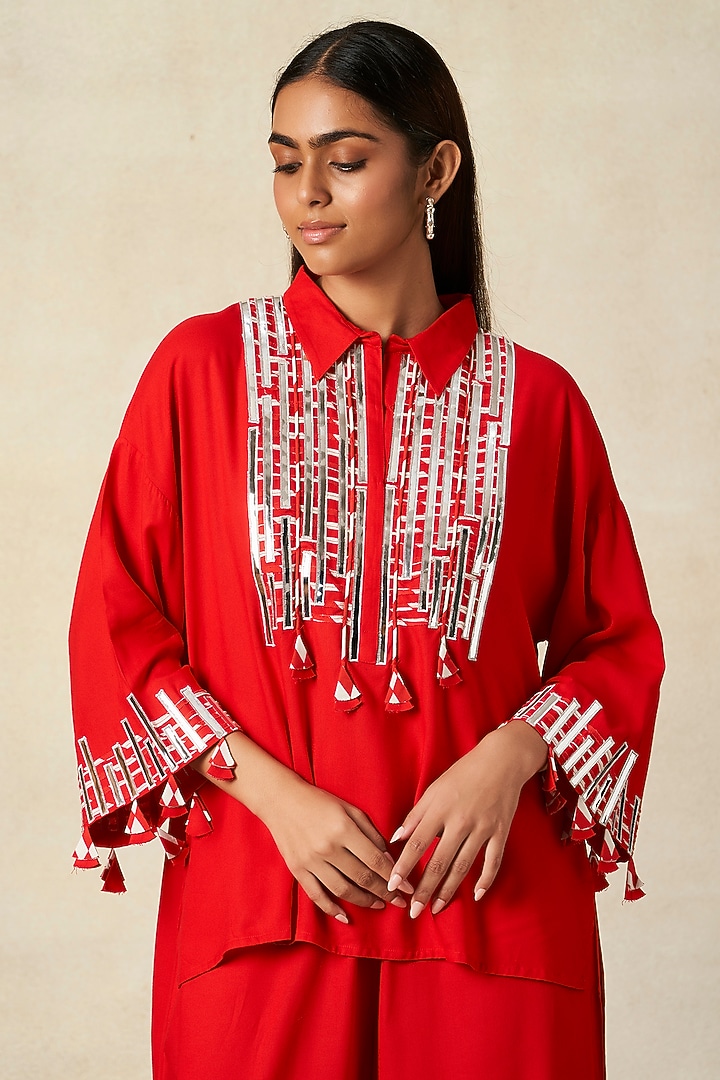 Red Rayon Co-Ord Set by Gulabo By Abu Sandeep at Pernia's Pop Up Shop