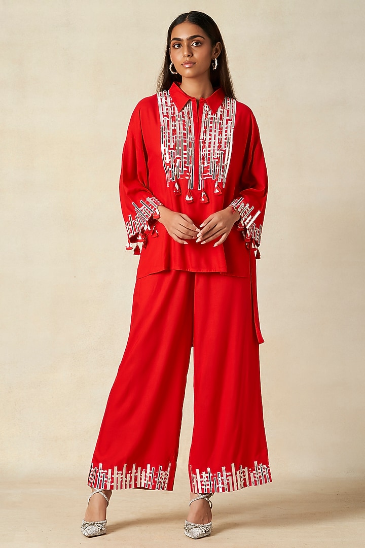 Red Rayon Co-Ord Set by Gulabo By Abu Sandeep at Pernia's Pop Up Shop