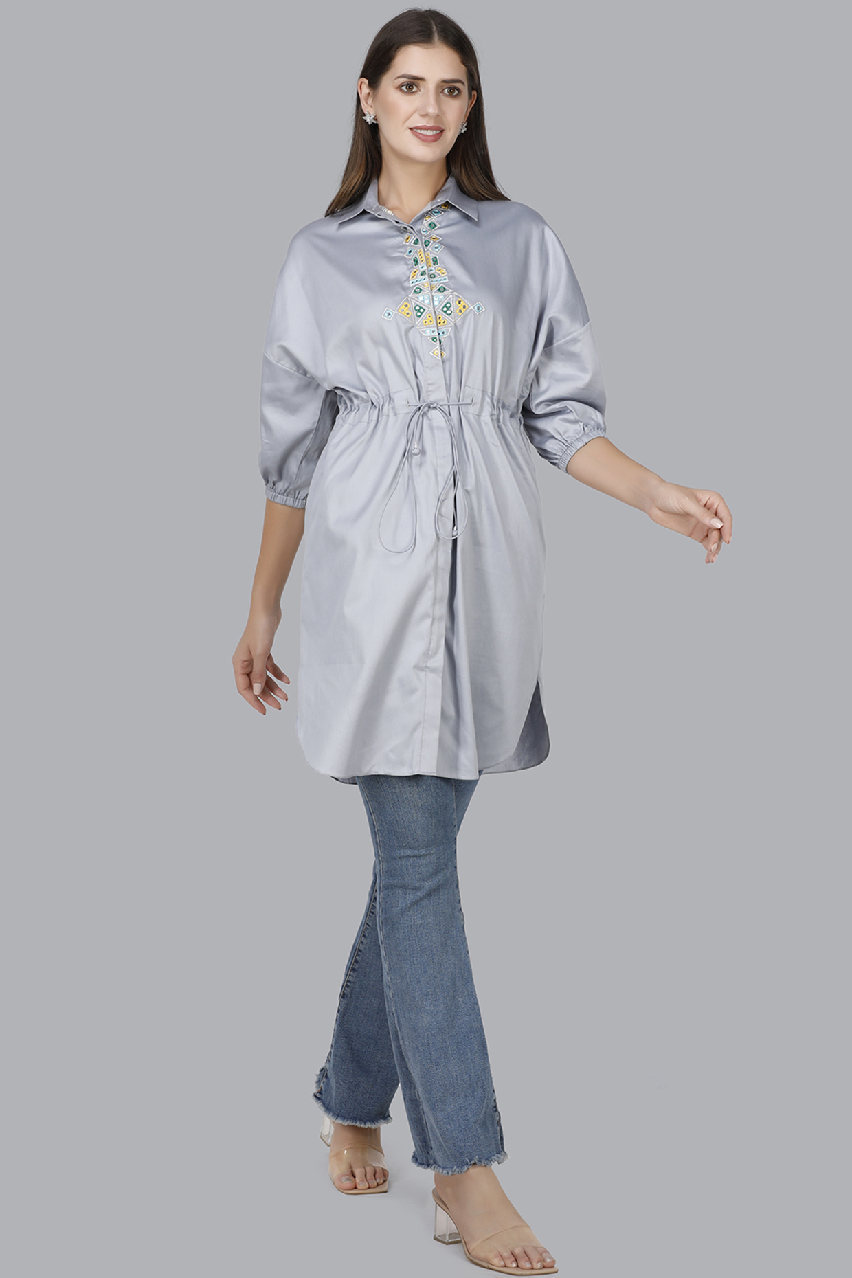 Arctic Grey Mirror Embroidered Tunic by Gulabo By Abu Sandeep at Pernia's Pop Up Shop