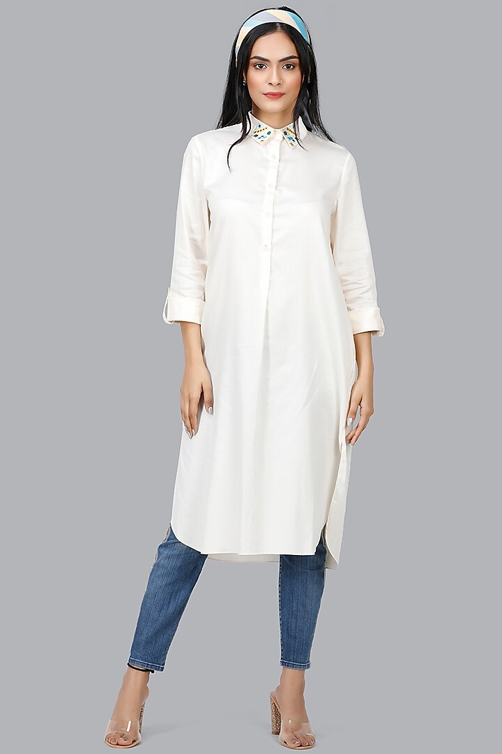 Off-White Embroidered Long Shirt Tunic by Gulabo By Abu Sandeep