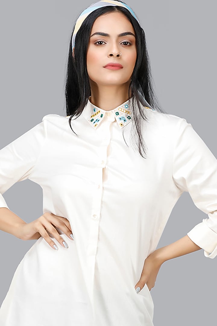 Off-White Embroidered Long Shirt Tunic by Gulabo By Abu Sandeep at Pernia's Pop Up Shop
