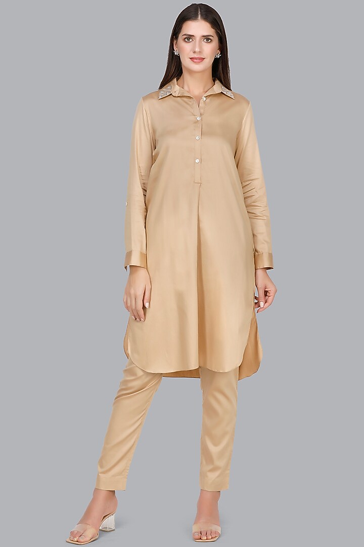 Beige Embroidered Long Shirt Tunic by Gulabo By Abu Sandeep at Pernia's Pop Up Shop