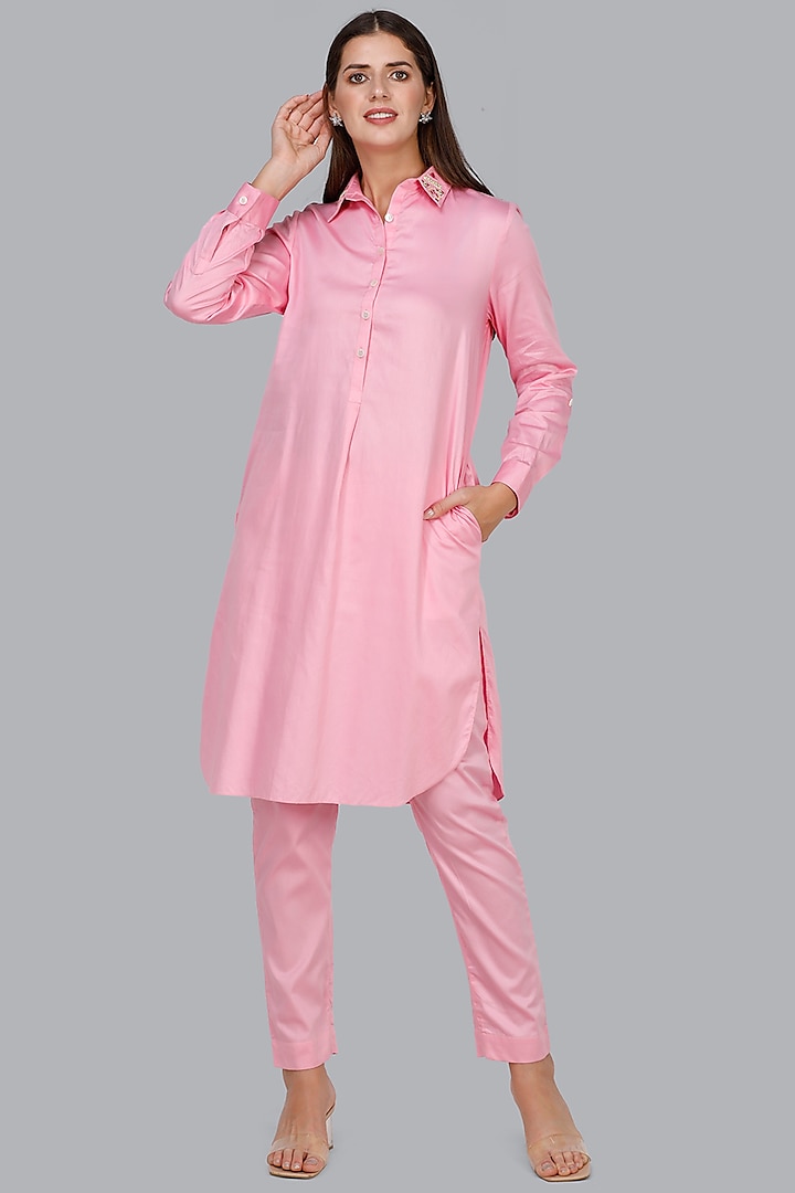 Blush Pink Embroidered Long Shirt Tunic by Gulabo By Abu Sandeep
