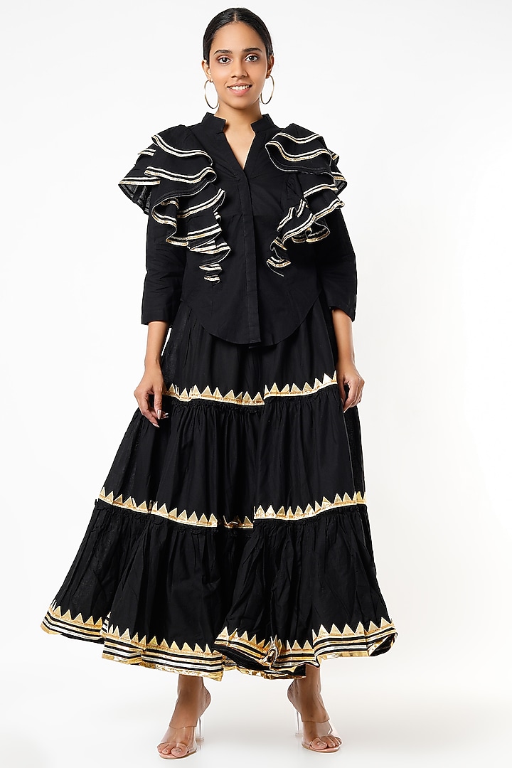 Black Embroidered Ruffled Blouse by Gulabo By Abu Sandeep at Pernia's Pop Up Shop