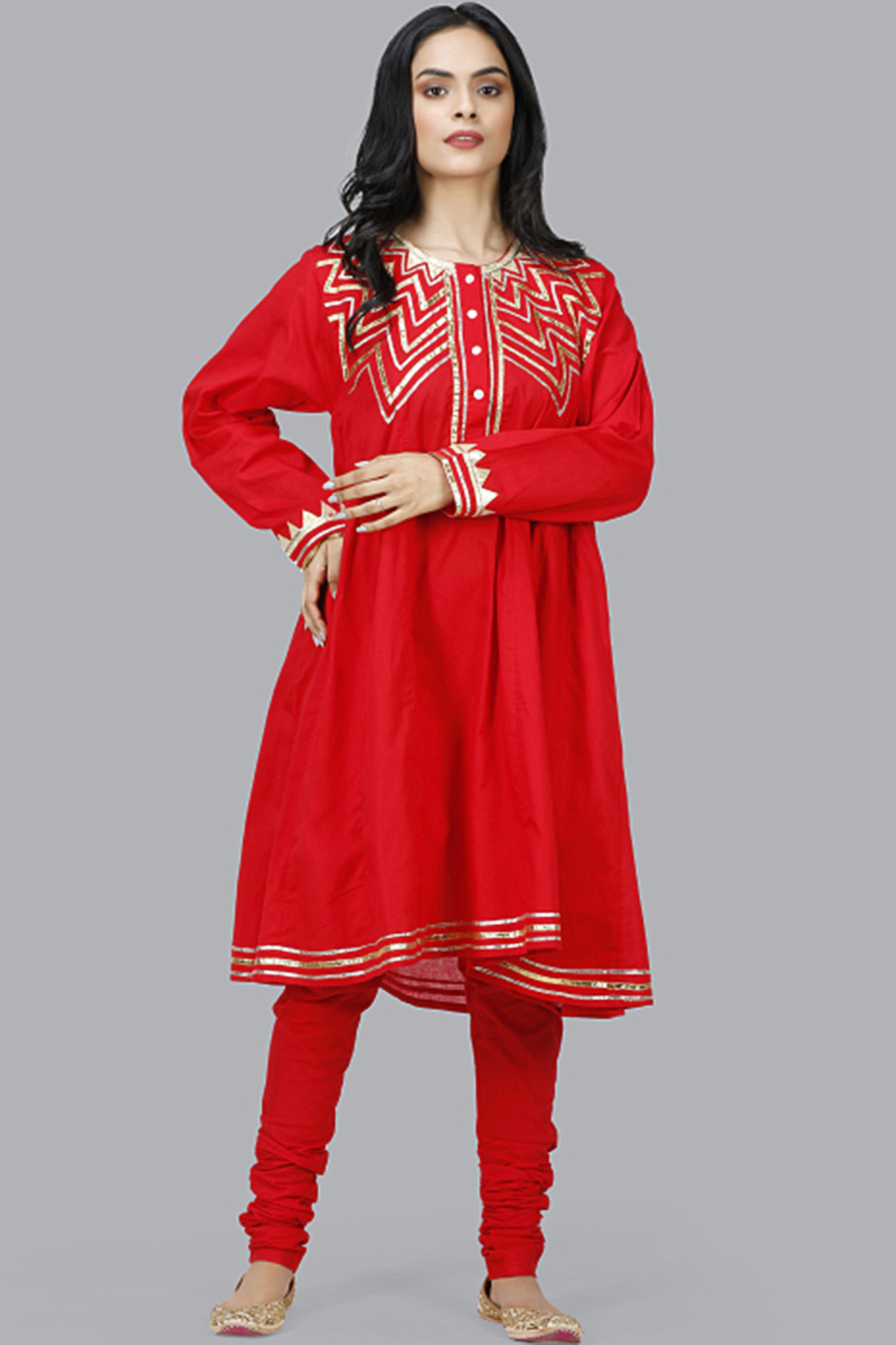 Cadmium Red Gota Embroidered Kalidar Kurta by Gulabo By Abu Sandeep at Pernia's Pop Up Shop