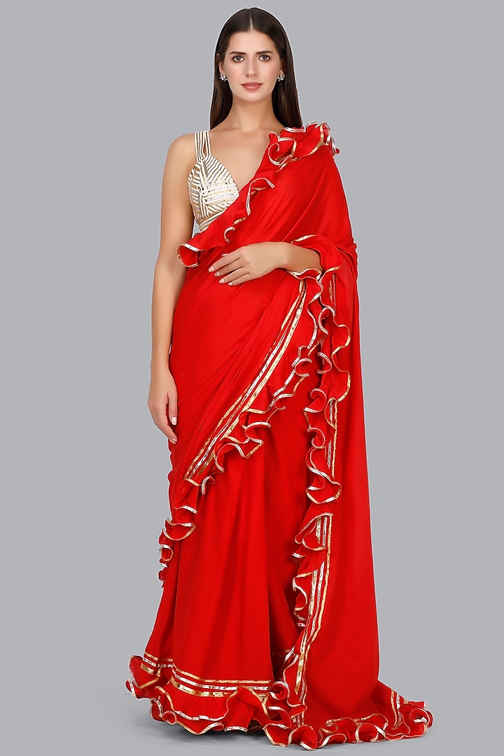 Cadmium Red Gota Embroidered Party Wear Saree by Gulabo By Abu Sandeep at Pernia's Pop Up Shop
