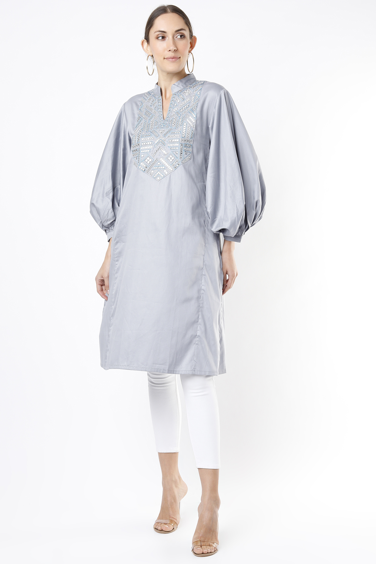 Grey Mirror Embroidered Tunic by Gulabo By Abu Sandeep at Pernia's Pop Up Shop