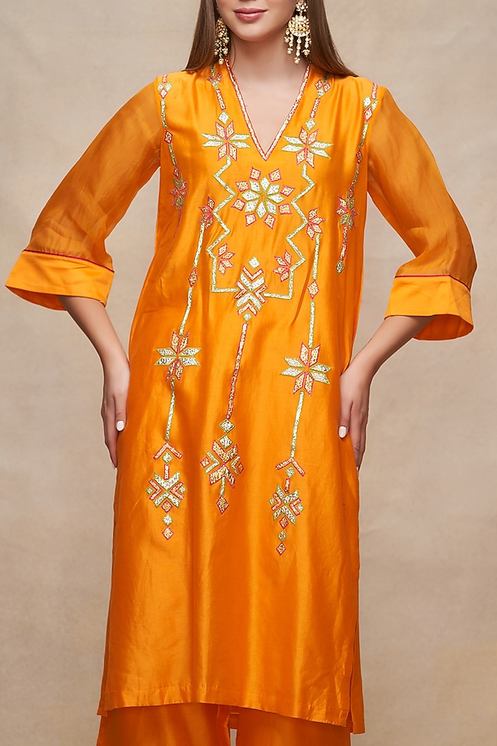 Mango Yellow Chanderi Gota Embroidered Straight Kurta by Gulabo By Abu Sandeep at Pernia's Pop Up Shop
