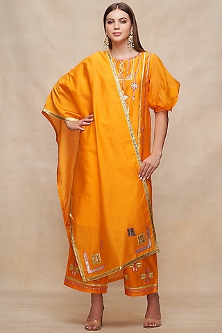 Mango Yellow Chanderi Gota Work Dupatta by Gulabo By Abu Sandeep