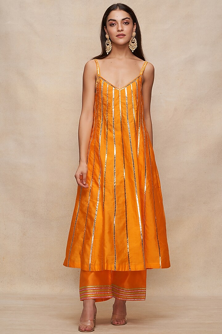 Mango Yellow Chanderi Gota Embroidered Slip Summer Dress by Gulabo By Abu Sandeep at Pernia's Pop Up Shop