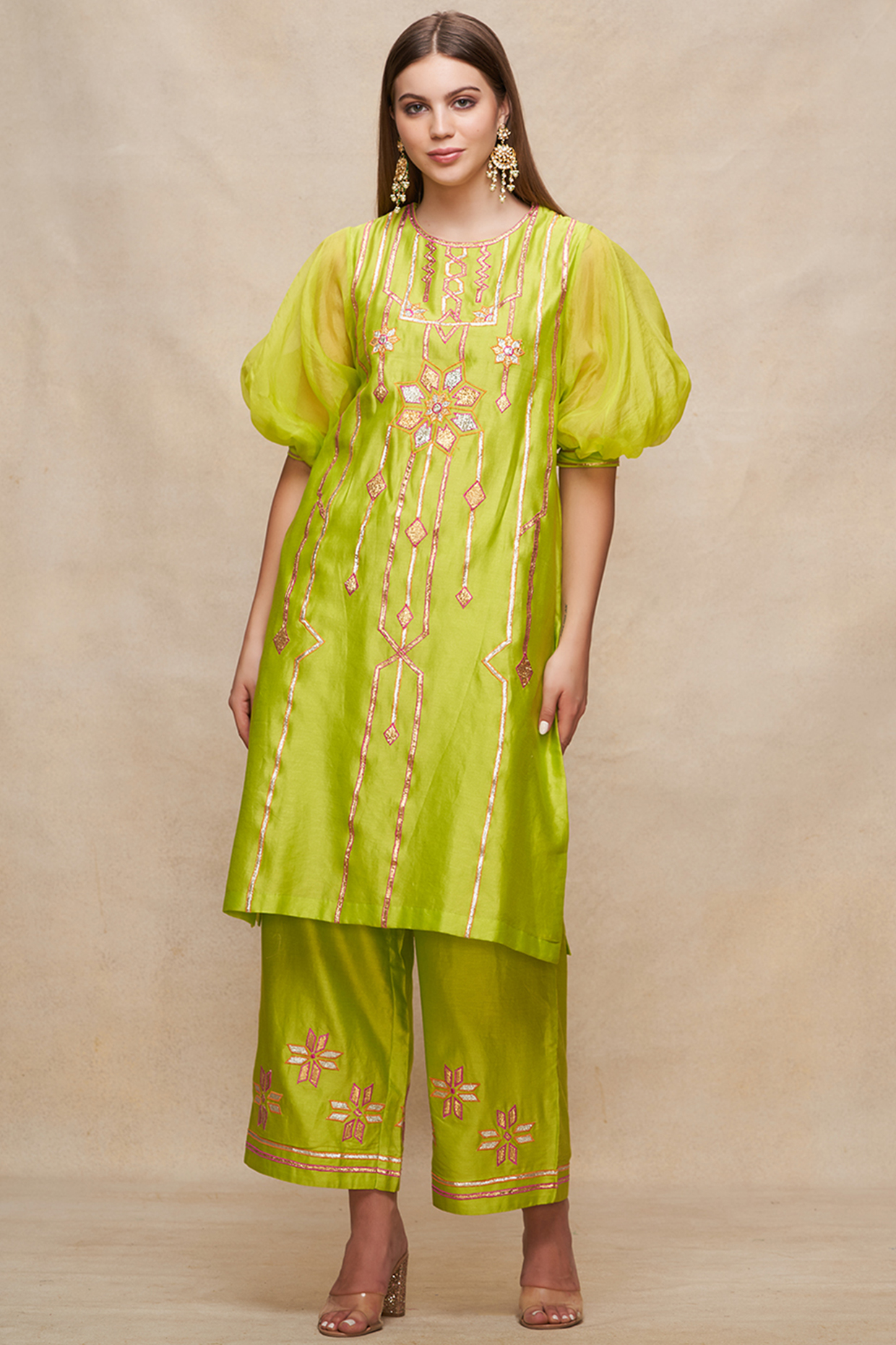 Lime Green Chanderi Gota Work Short Kurta by Gulabo By Abu Sandeep at Pernia's Pop Up Shop