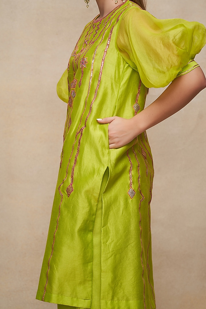 Lime Green Chanderi Gota Work Short Kurta by Gulabo By Abu Sandeep at Pernia's Pop Up Shop