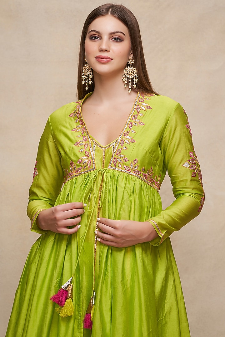 Lime Green Chanderi Gota Work Overlay by Gulabo By Abu Sandeep at Pernia's Pop Up Shop