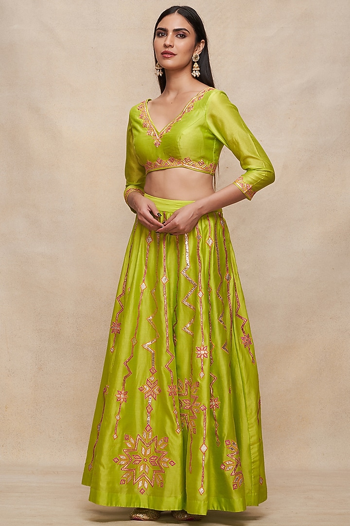 Lime Green Chanderi Gota Work Maxi Skirt by Gulabo By Abu Sandeep at Pernia's Pop Up Shop