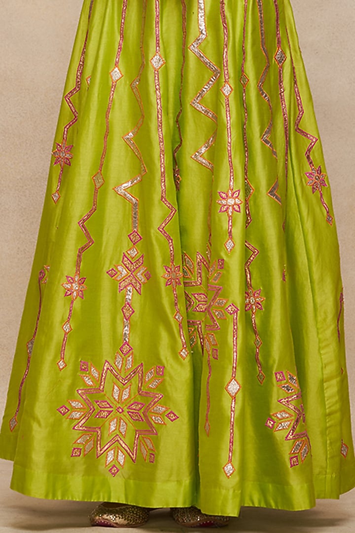 Lime Green Chanderi Gota Work Maxi Skirt by Gulabo By Abu Sandeep at Pernia's Pop Up Shop