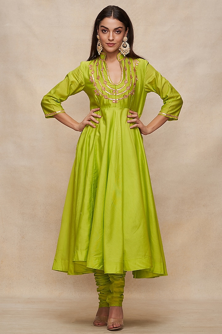 Lime Green Chanderi Gota Work Party Wear Anarkali by Gulabo By Abu Sandeep at Pernia's Pop Up Shop