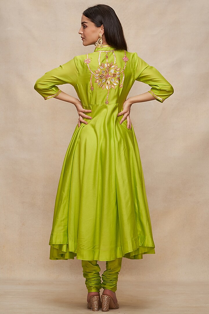 Lime Green Chanderi Gota Work Party Wear Anarkali by Gulabo By Abu Sandeep at Pernia's Pop Up Shop