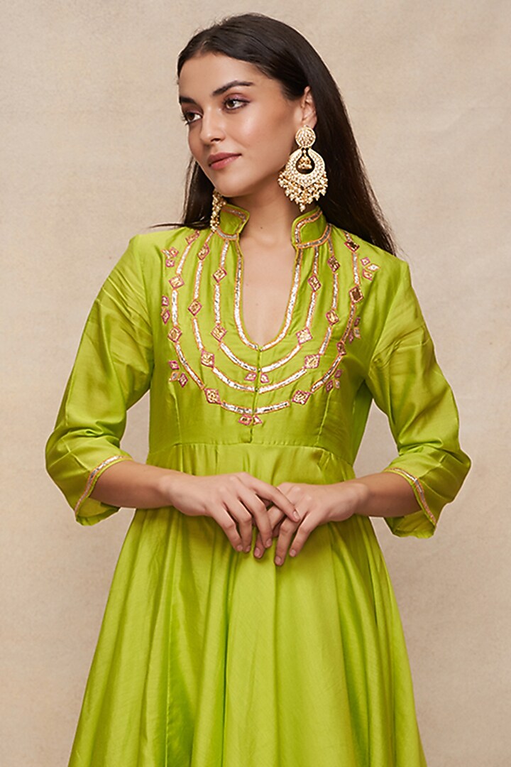 Lime Green Chanderi Gota Work Party Wear Anarkali by Gulabo By Abu Sandeep at Pernia's Pop Up Shop