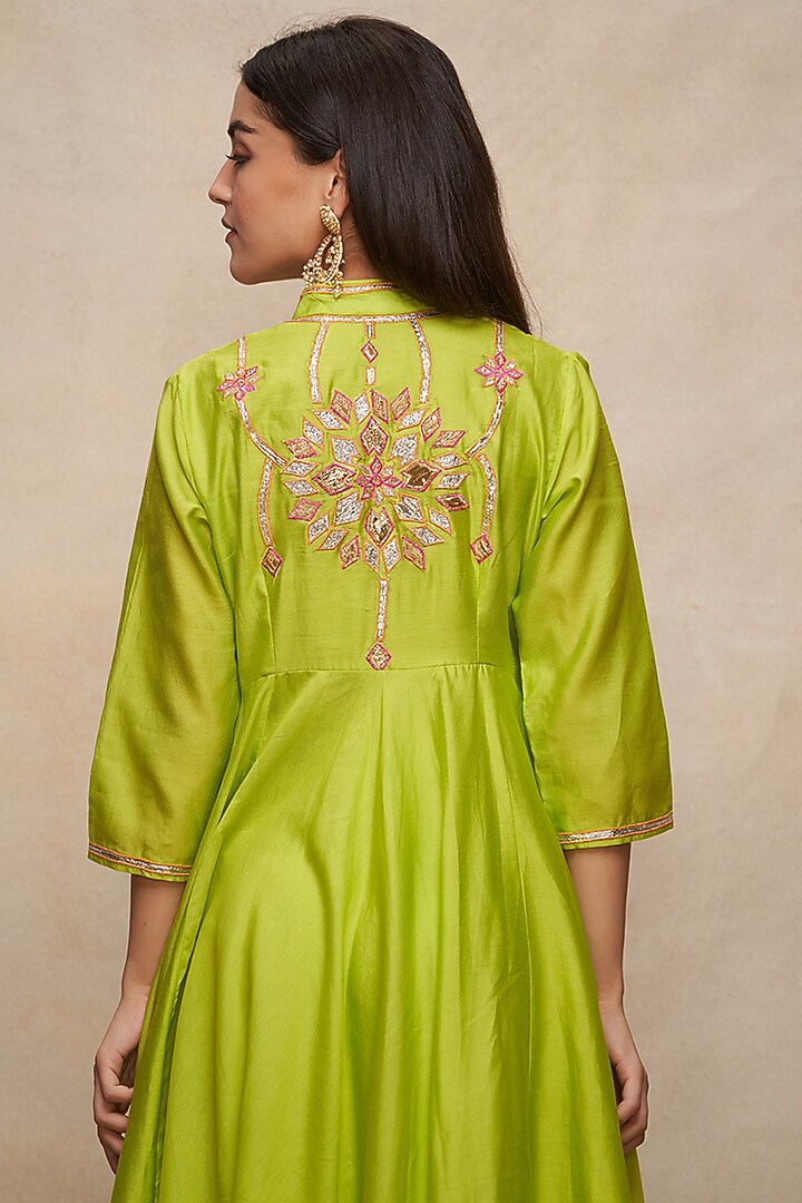 Lime Green Chanderi Gota Work Party Wear Anarkali by Gulabo By Abu Sandeep at Pernia's Pop Up Shop