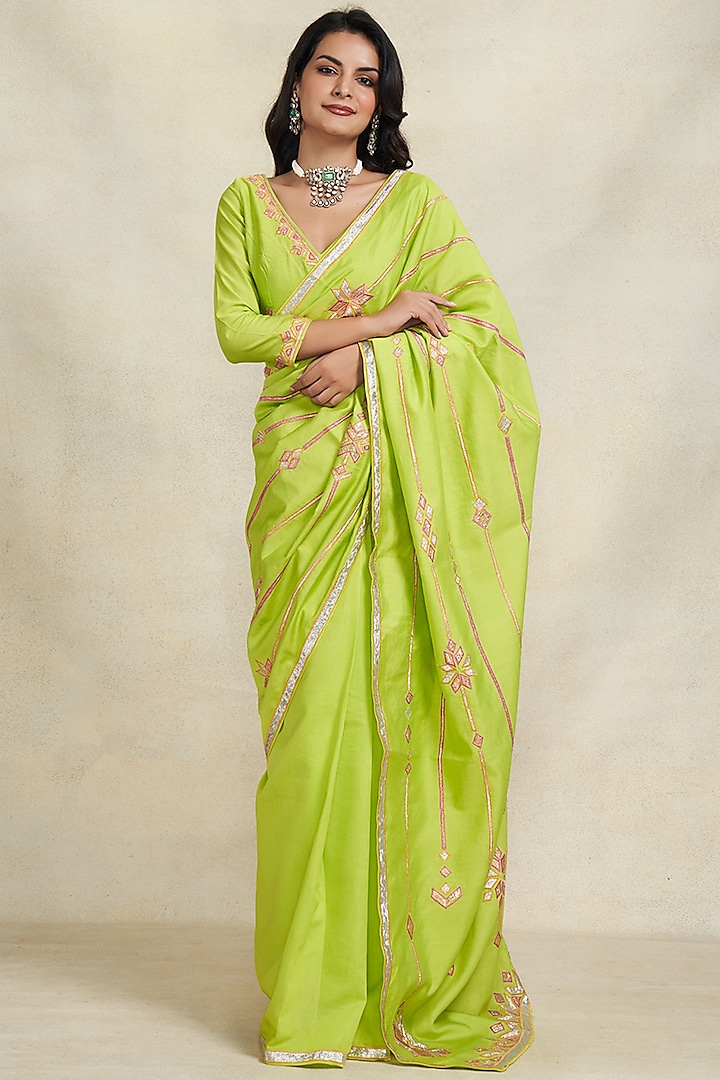Lime Green Chanderi Gota Work Wedding Saree by Gulabo By Abu Sandeep at Pernia's Pop Up Shop
