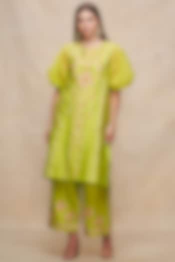 Lime Green Chanderi Gota Work Straight Pants by Gulabo By Abu Sandeep