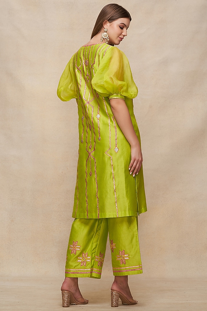 Lime Green Chanderi Gota Work Straight Pants by Gulabo By Abu Sandeep at Pernia's Pop Up Shop