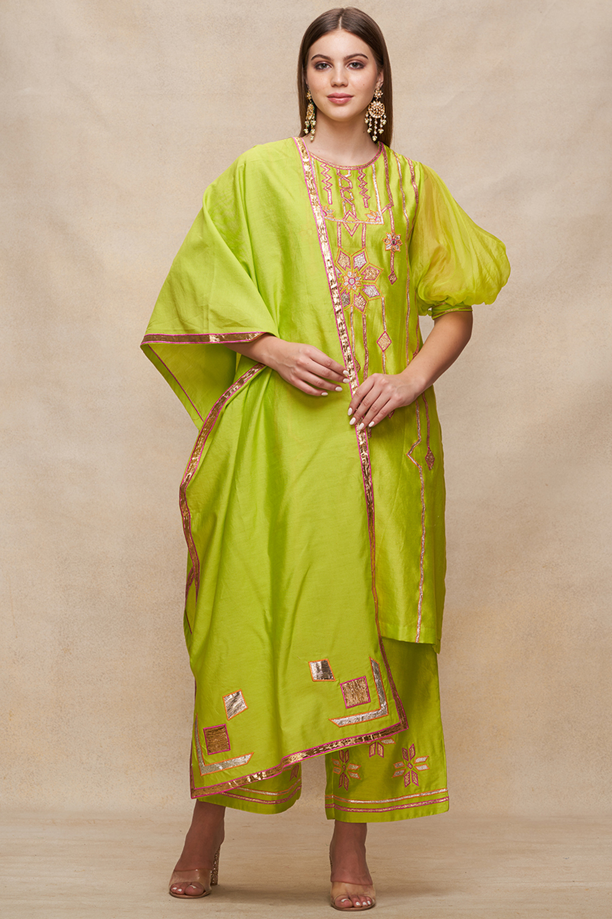 Lime Green Chanderi Gota Work Dupatta by Gulabo By Abu Sandeep at Pernia's Pop Up Shop