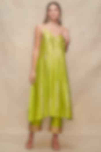 Lime Green Chanderi Gota Embroidered Slip Summer Dress by Gulabo By Abu Sandeep at Pernia's Pop Up Shop