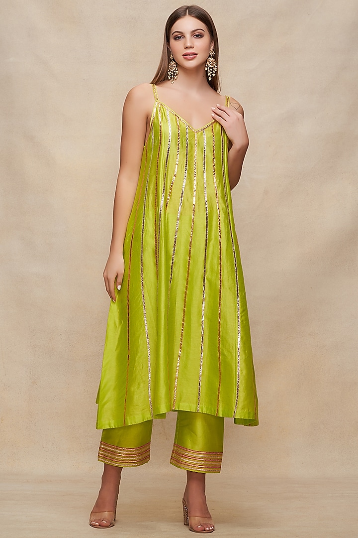 Lime Green Chanderi Gota Embroidered Slip Summer Dress by Gulabo By Abu Sandeep at Pernia's Pop Up Shop