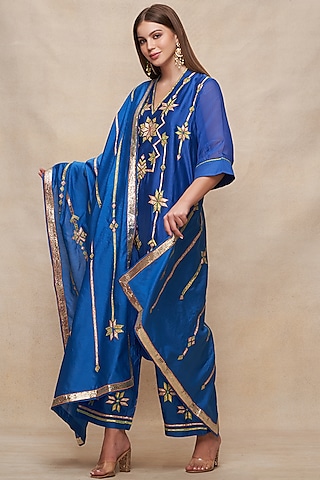 Royal Blue Chanderi Gota Work Dupatta by Gulabo By Abu Sandeep