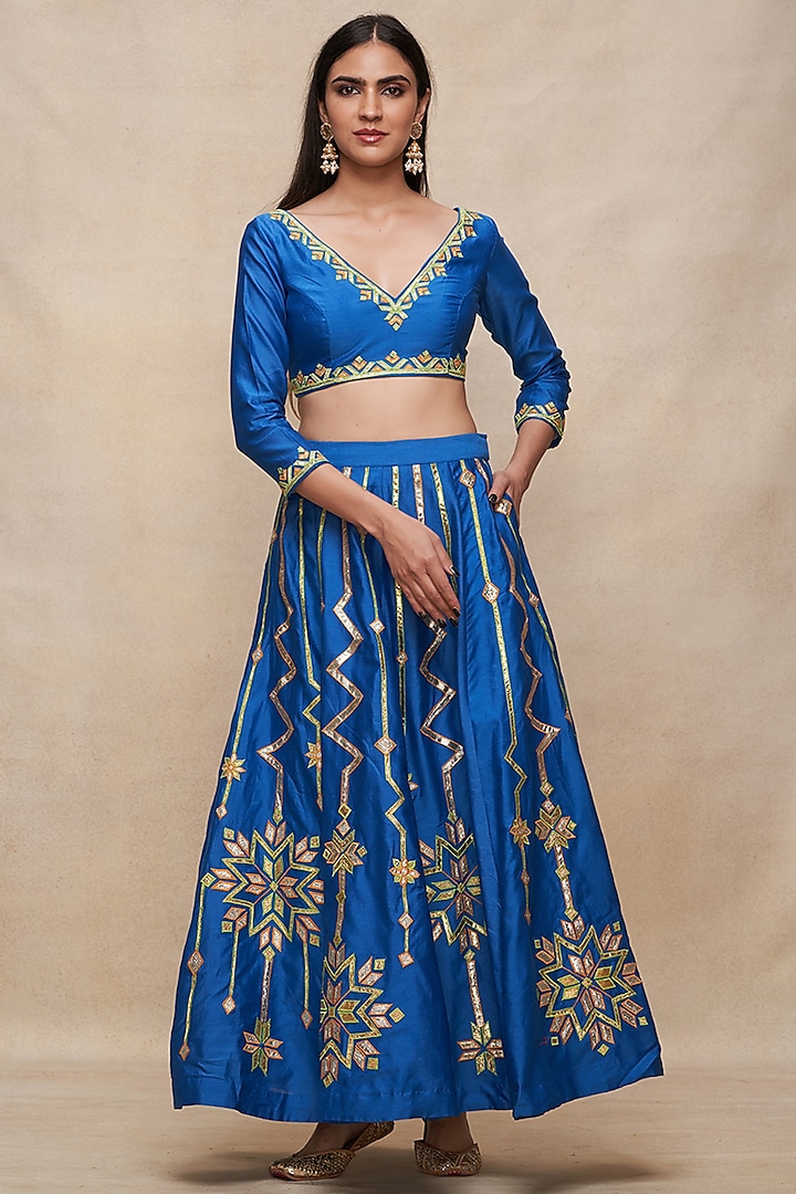 Royal Blue Chanderi Gota Work Maxi Skirt by Gulabo By Abu Sandeep