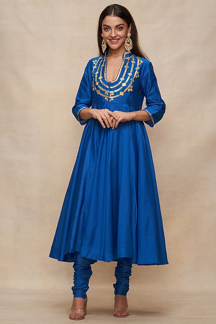 Royal Blue Chanderi Gota Work Party Wear Anarkali by Gulabo By Abu Sandeep at Pernia's Pop Up Shop