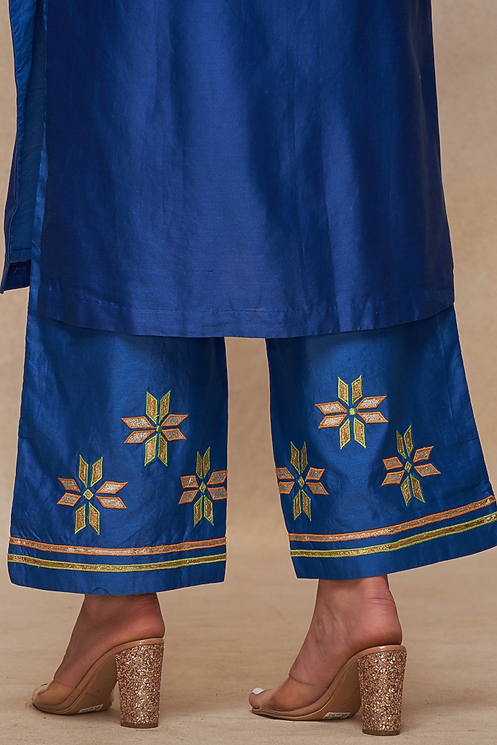 Royal Blue Chanderi Gota Work Straight Pants by Gulabo By Abu Sandeep at Pernia's Pop Up Shop
