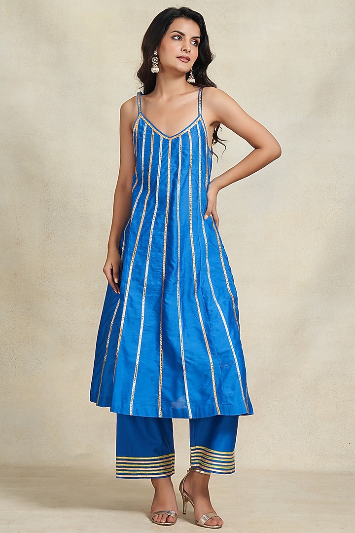 Royal Blue Chanderi Gota Embroidered Slip Summer Dress by Gulabo By Abu Sandeep at Pernia's Pop Up Shop