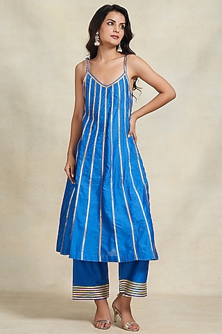 Royal Blue Chanderi Gota Embroidered Slip Dress by Gulabo By Abu Sandeep