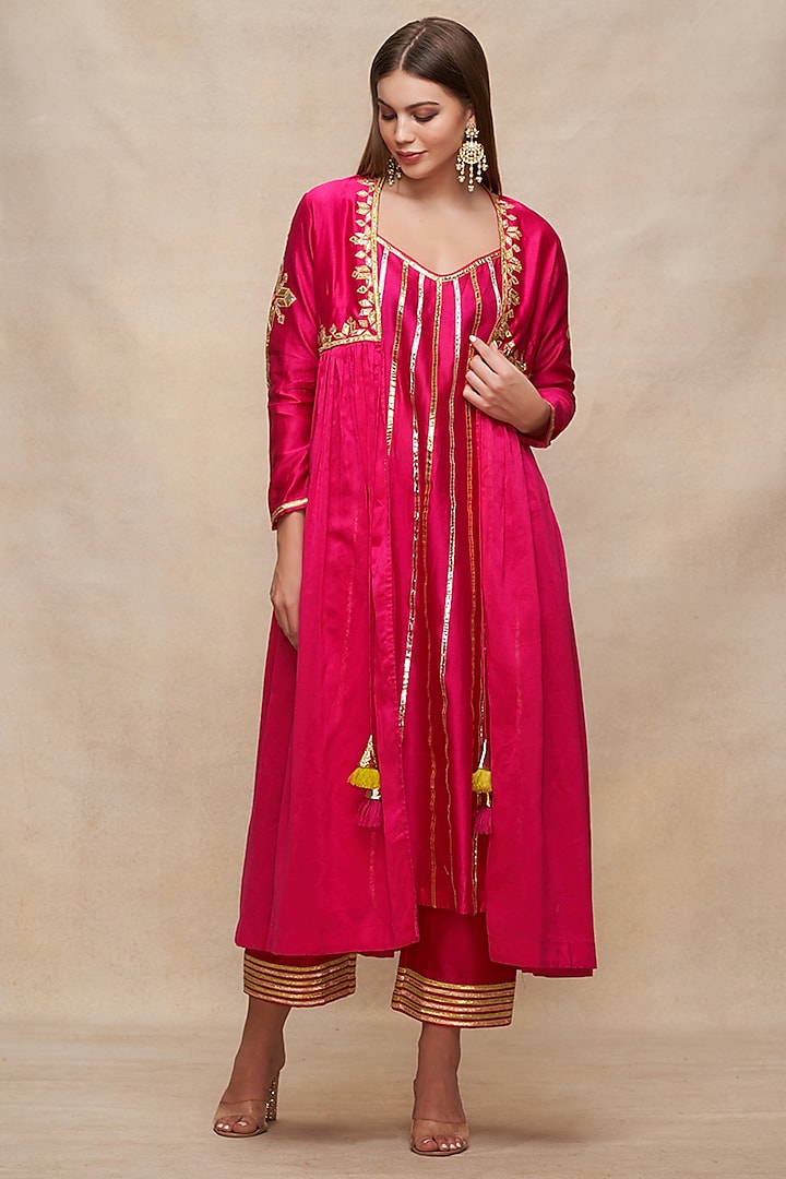 Rani Pink Chanderi Gota Work Overlay by Gulabo By Abu Sandeep at Pernia's Pop Up Shop