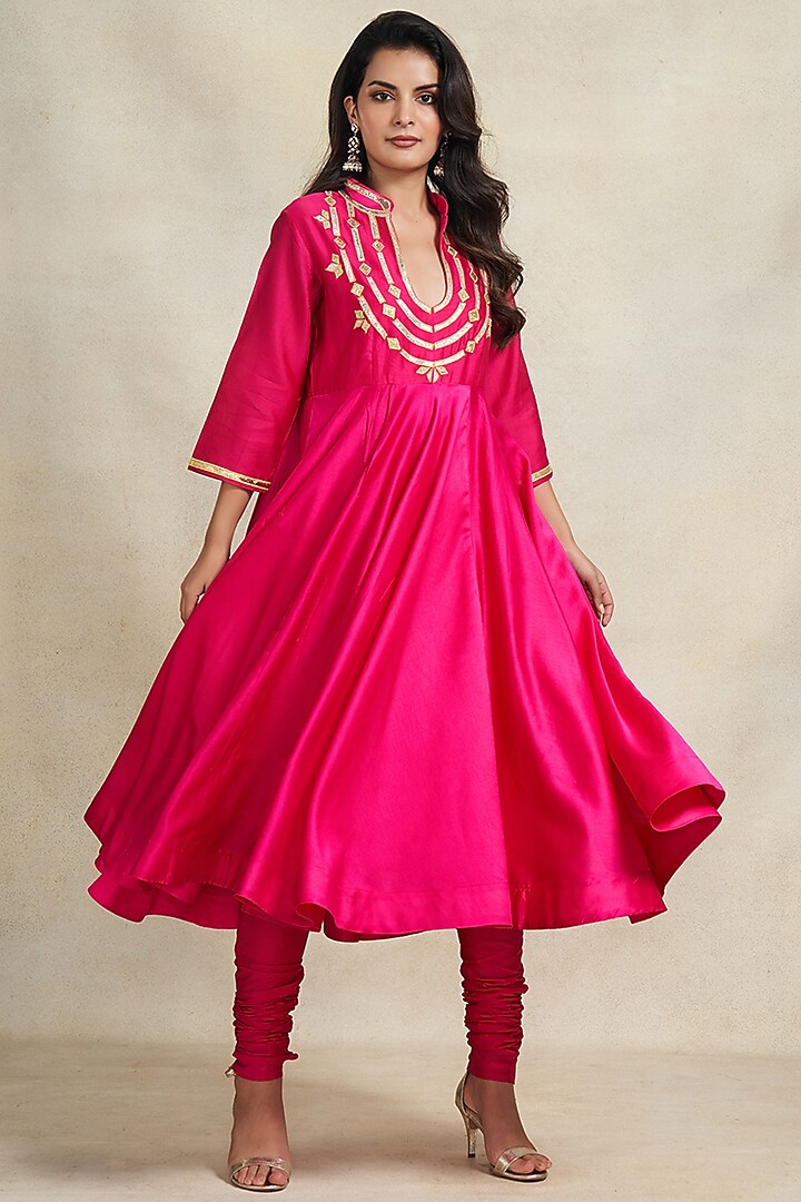 Rani Pink Chanderi Gota Work Party Wear Anarkali by Gulabo By Abu Sandeep at Pernia's Pop Up Shop