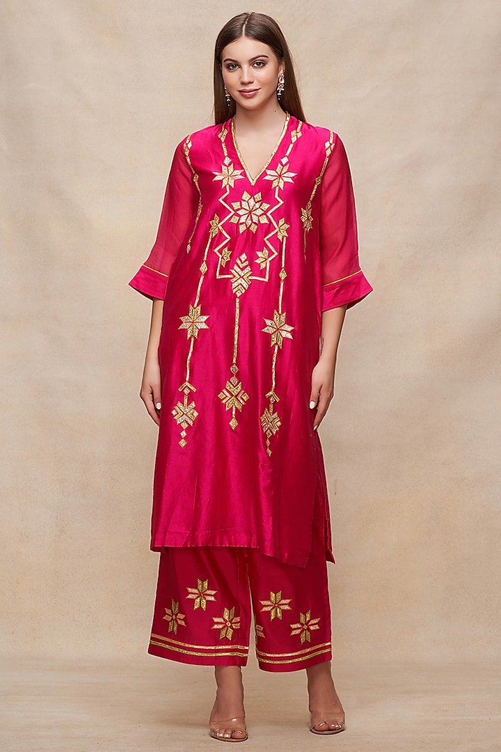 Rani Pink Chanderi Gota Work Straight Pants by Gulabo By Abu Sandeep at Pernia's Pop Up Shop