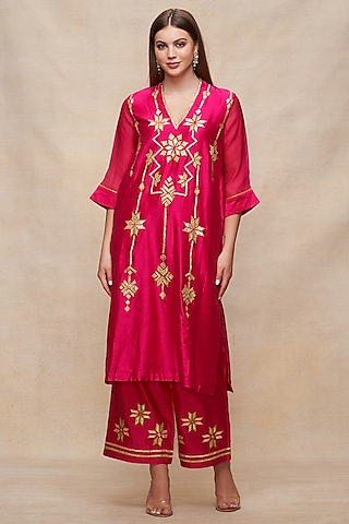Rani Pink Chanderi Gota Work Straight Pants by Gulabo By Abu Sandeep
