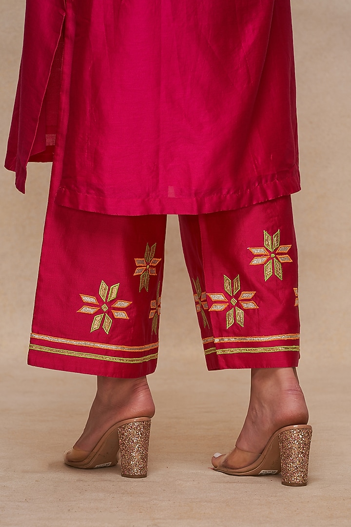 Rani Pink Chanderi Gota Work Straight Pants by Gulabo By Abu Sandeep at Pernia's Pop Up Shop