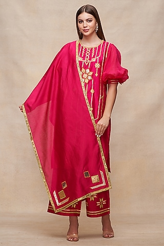 Rani Pink Chanderi Gota Work Dupatta by Gulabo By Abu Sandeep