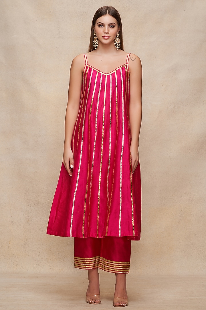 Rani Pink Chanderi Gota Embroidered Slip Dress by Gulabo By Abu Sandeep at Pernia's Pop Up Shop