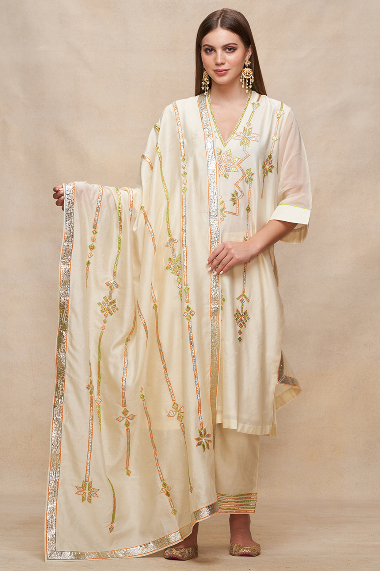 Off-White Chanderi Gota Work Dupatta by Gulabo By Abu Sandeep at Pernia's Pop Up Shop